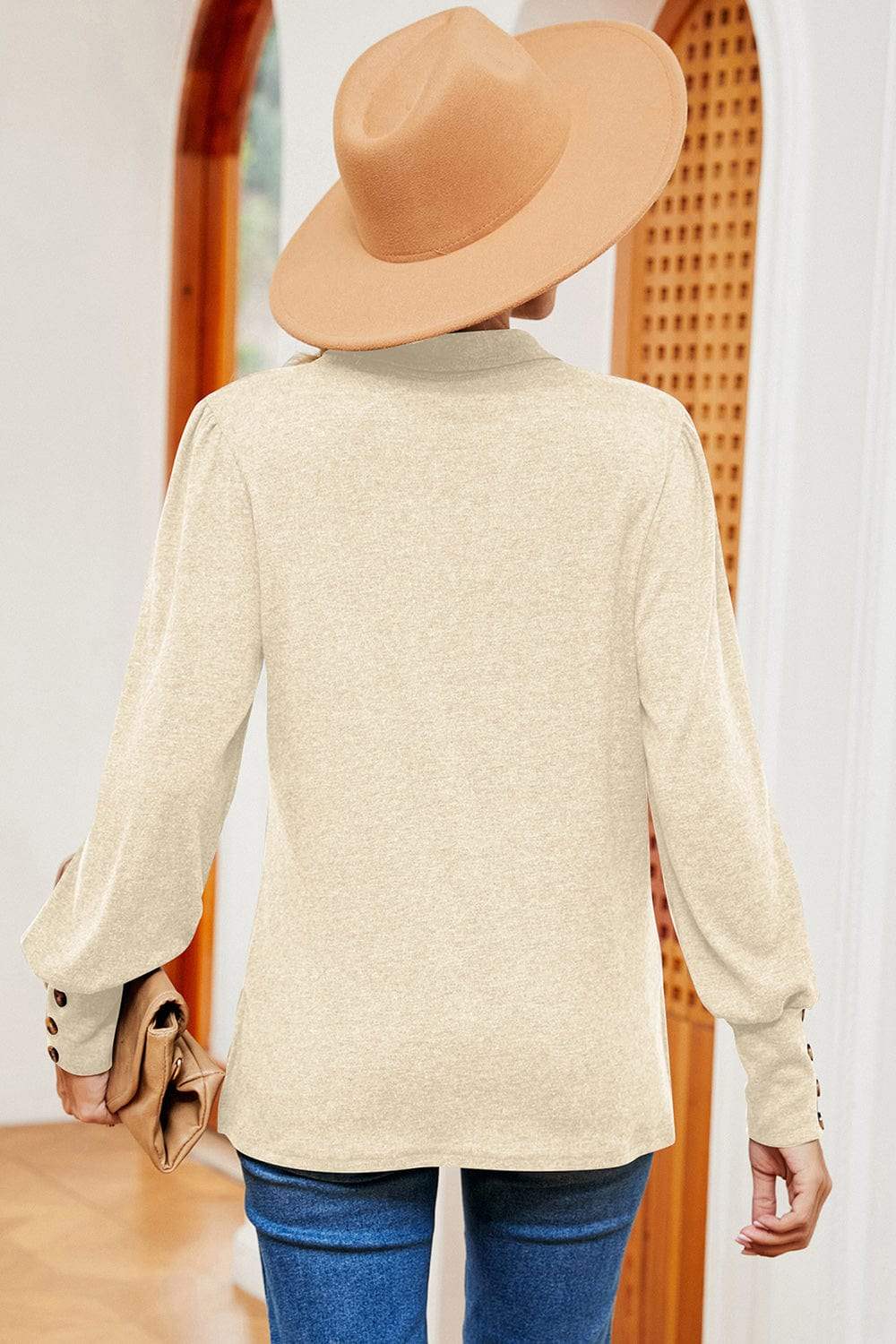 Decorative Button Johnny Collar Lantern Sleeve Blouse - Trendsi - Flyclothing LLC