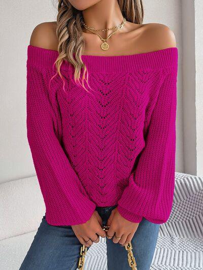 Openwork Off-Shoulder Long Sleeve Sweater - Trendsi