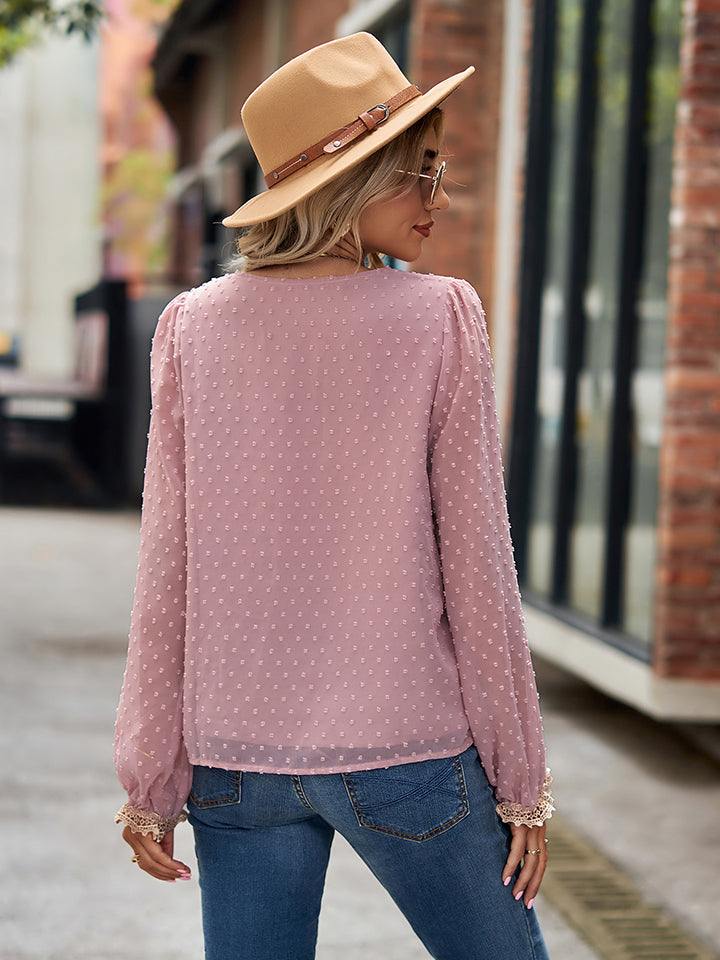 Swiss Dot V-Neck Long Sleeve Blouse