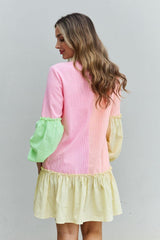 Davi & Dani Flying Colors Full Size Colorblock Long Sleeve Shirt Dress - Trendsi
