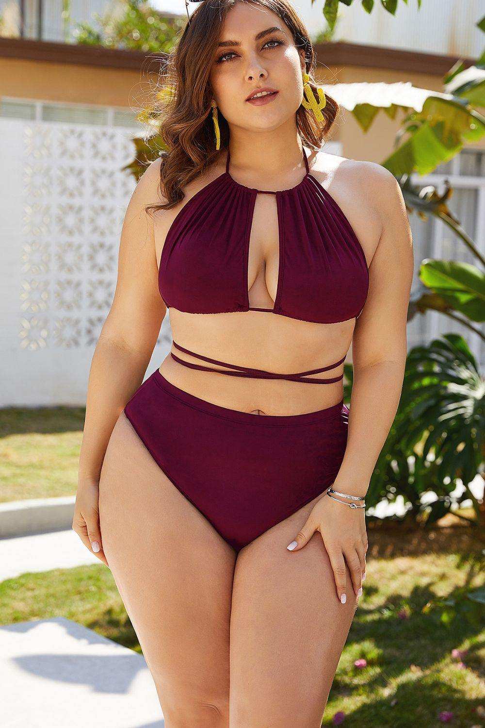 Plus Size Cutout Tied Backless Bikini Set - Trendsi - Flyclothing LLC