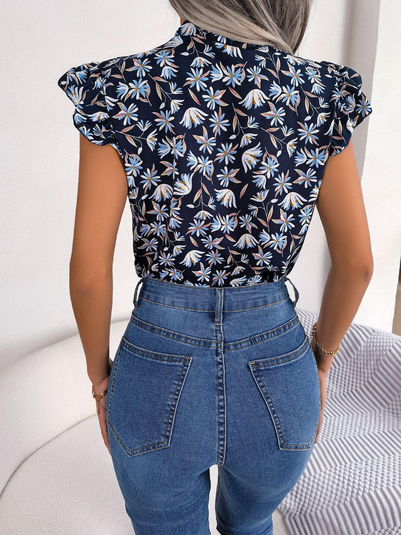 Floral Tie Neck Flutter Sleeve Blouse - Trendsi