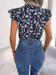 Floral Tie Neck Flutter Sleeve Blouse - Trendsi