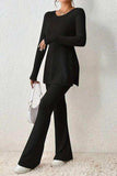 Ribbed Long Sleeve Slit Top and Bootcut Pants Set - Trendsi - Flyclothing LLC