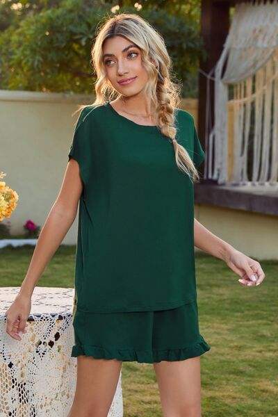 Round Neck Short Sleeve T-Shirt and Drawstring Shorts Lounge Set - Trendsi - Flyclothing LLC