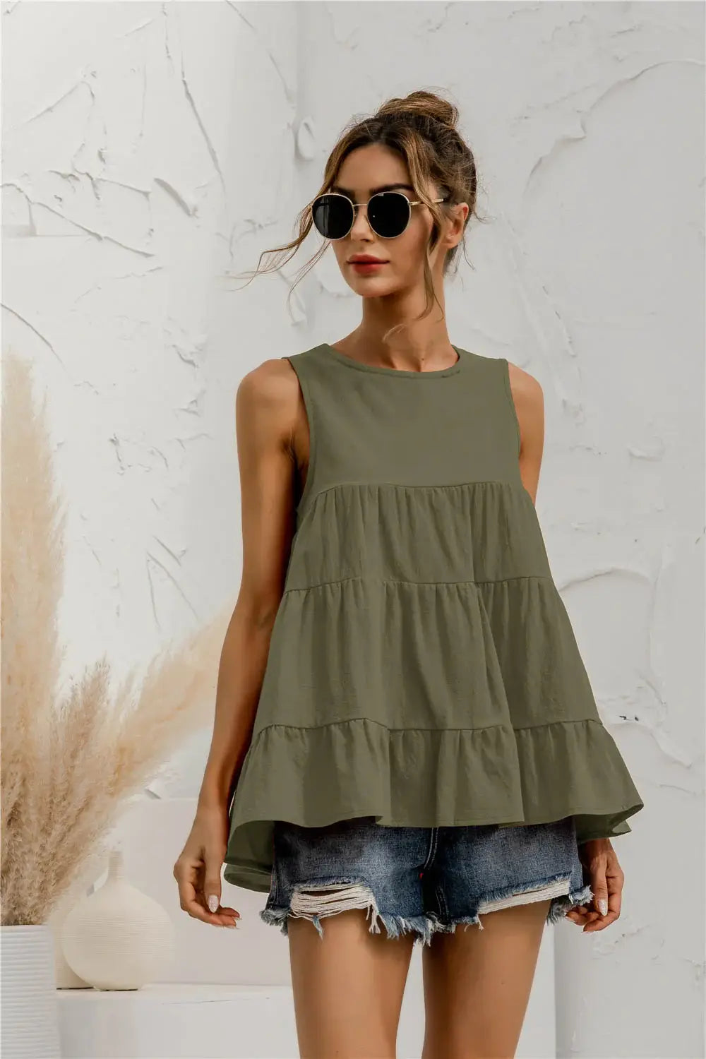 Round Neck Tiered Tank - Trendsi - Flyclothing LLC