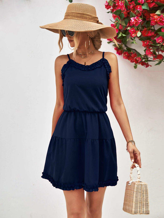 Frill Trim Spaghetti Strap Mini Dress - Trendsi - Flyclothing LLC