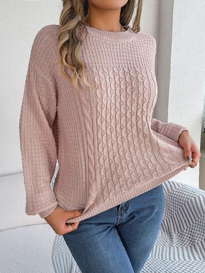 Cable-Knit Round Neck Long Sleeve Sweater - Trendsi