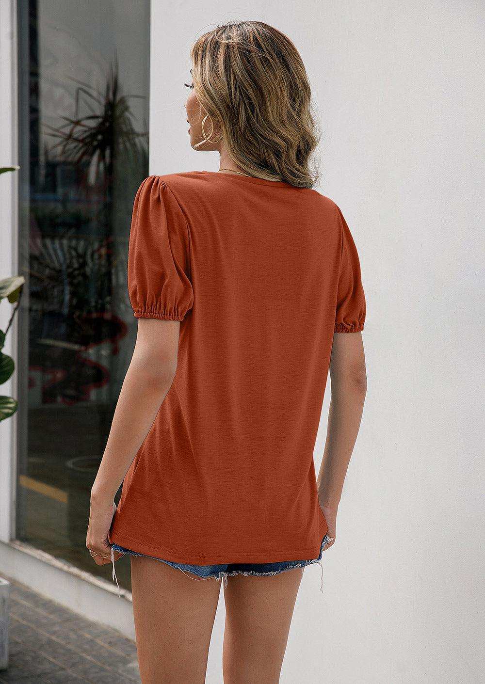 V-Neck Decorative Buttons Puff Sleeve Tee - Trendsi - Flyclothing LLC