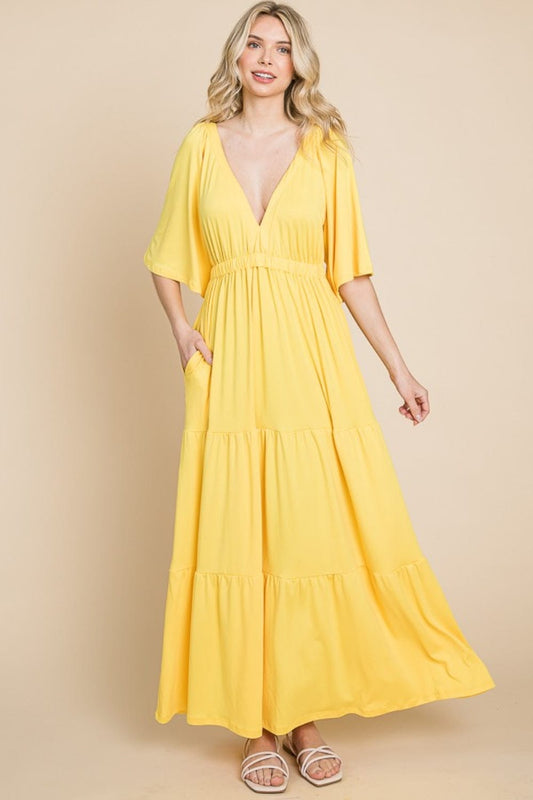Culture Code Backless Plunge Half Sleeve Tiered Dress - Trendsi