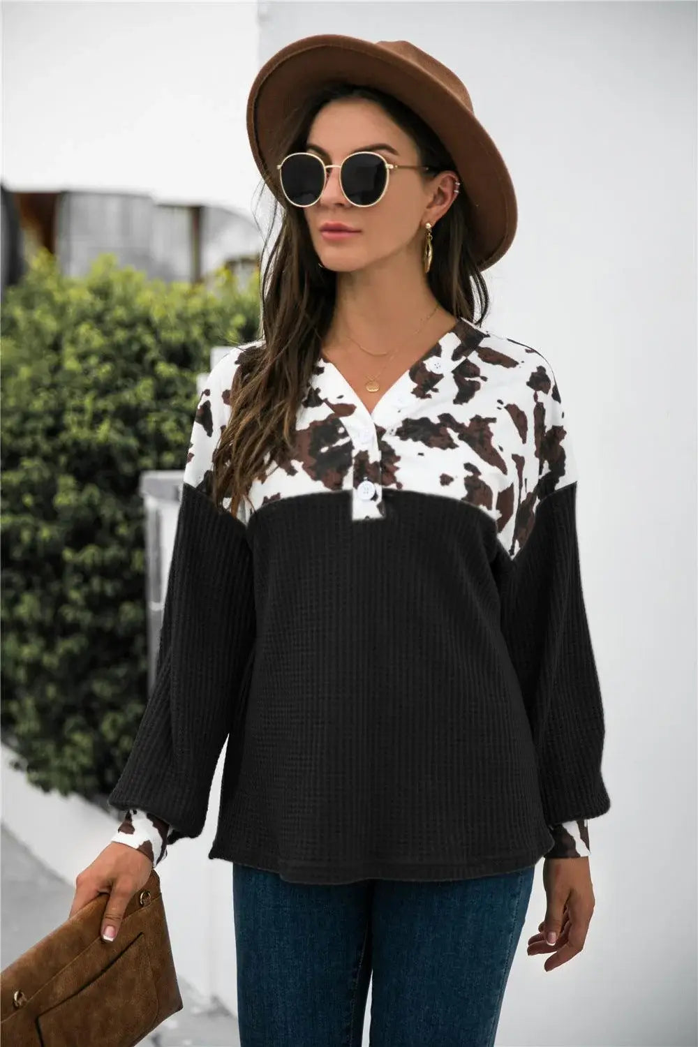 Animal Print Color Block Waffle-Knit Top - Trendsi - Flyclothing LLC