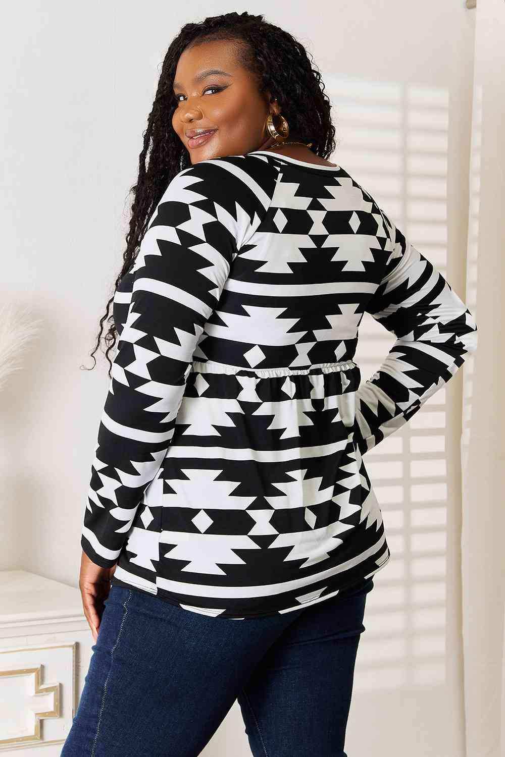 Heimish Full Size Geometric Notched Neck Long Sleeve Top - Trendsi - Flyclothing LLC