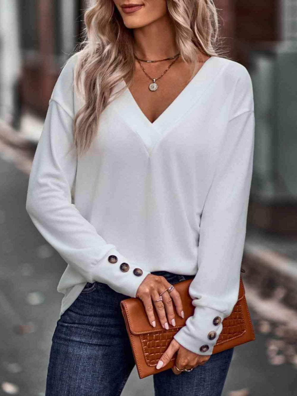 V-Neck Long Sleeve Top - Trendsi - Flyclothing LLC