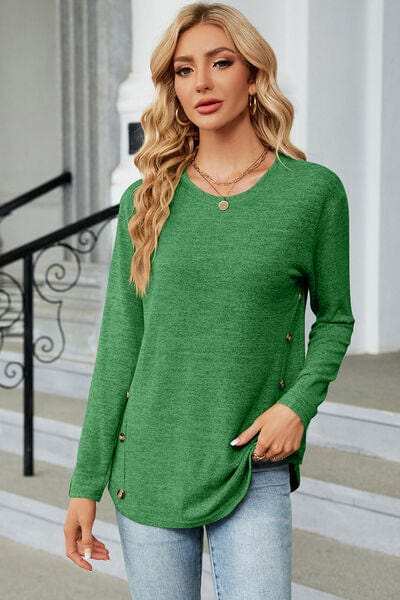 Decorative Button Round Neck T-Shirt - Trendsi - Flyclothing LLC