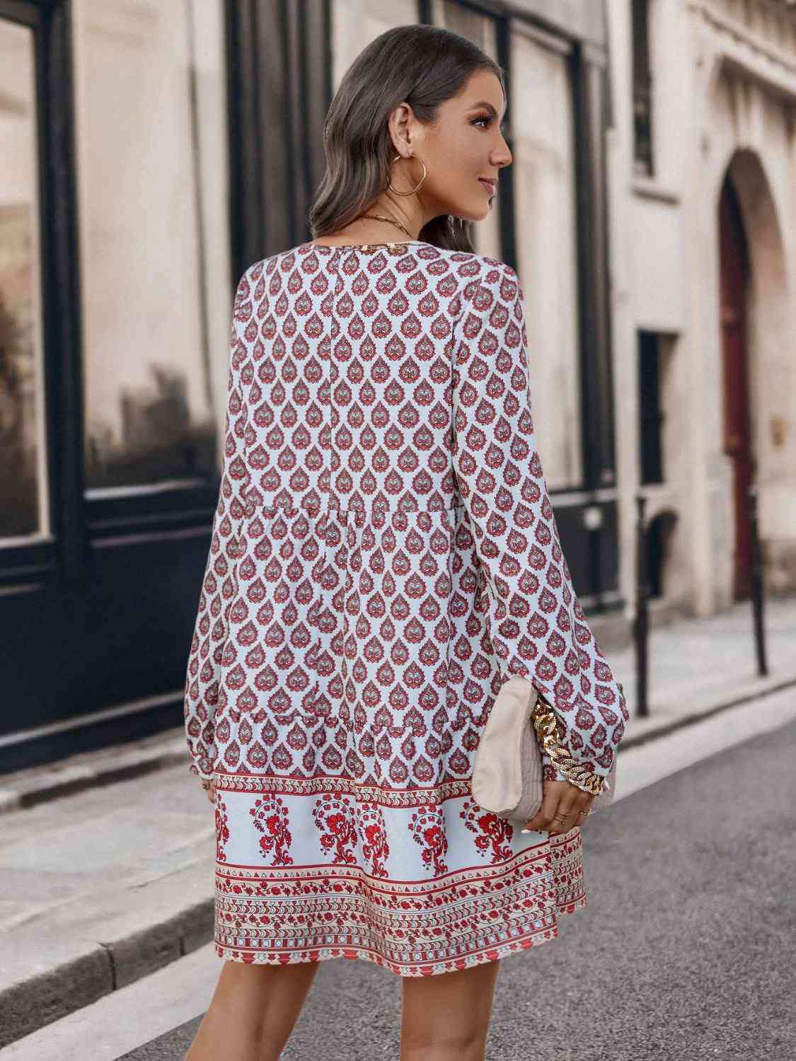 Printed Tie Neck Long Sleeve Dress - Trendsi - Flyclothing LLC