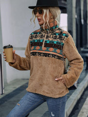 Geometric Quarter-Zip Collared Sweatshirt - Trendsi