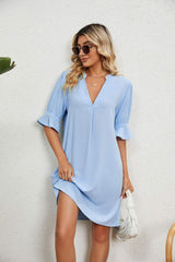 Notched Neck Flounce Sleeve Dress - Trendsi - Flyclothing LLC