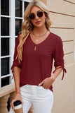 Eyelet Drawstring V-Neck Half Sleeve T-Shirt - Trendsi - Flyclothing LLC