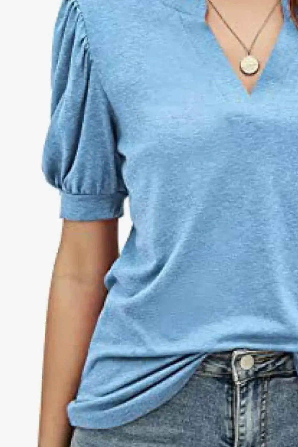 Notched Neck Puff Sleeve Tee - Trendsi - Flyclothing LLC