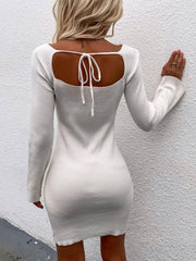 Tie Back Square Neck Long Sleeve Sweater Dress - Flyclothing LLC