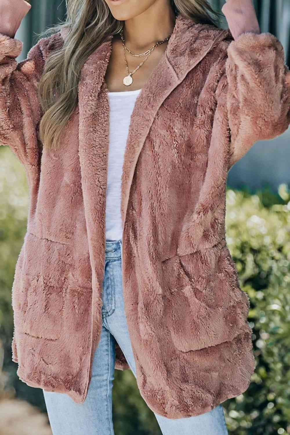 Teddy Hooded Jacket with Pockets - Trendsi - Flyclothing LLC