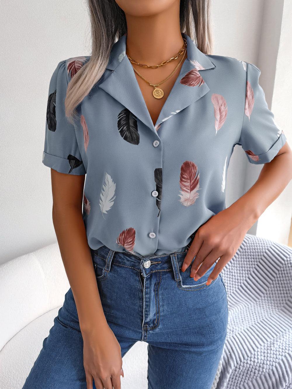 Feather Print Lapel Collar Puff Sleeve Shirt - Trendsi