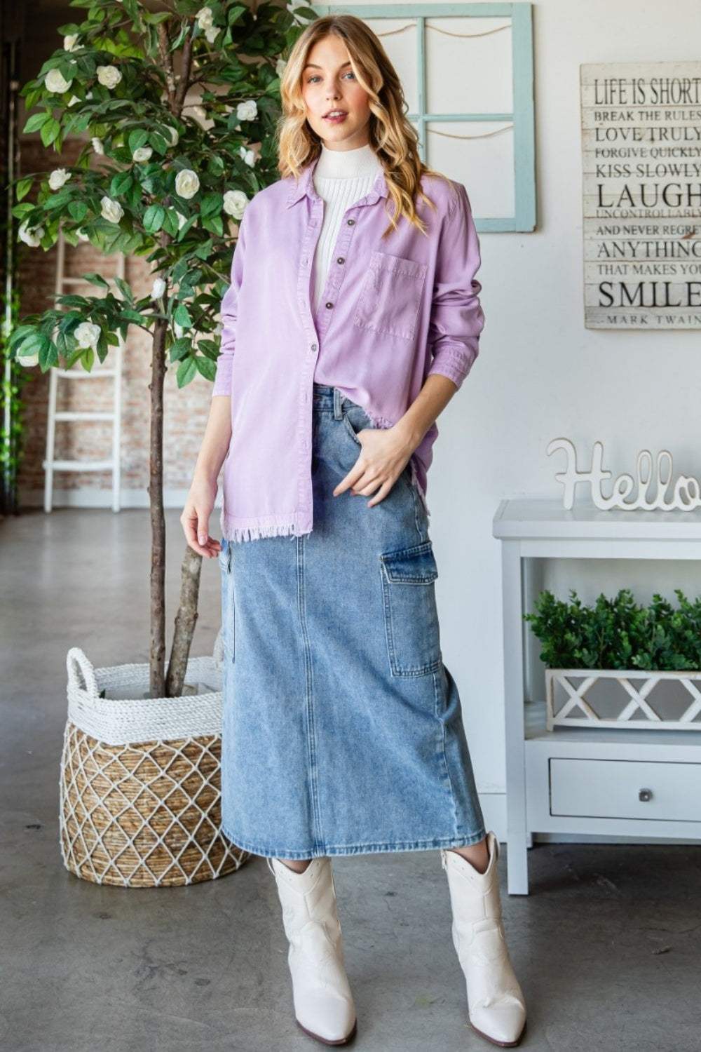 Veveret Raw Hem Button Up Long Sleeve Shirt - Trendsi - Flyclothing LLC