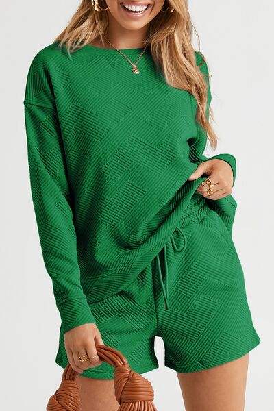 Round Neck Dropped Shoulder Top and Shorts Set - Trendsi - Flyclothing LLC