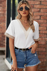 Openwork V-Neck Short Sleeve T-Shirt - Trendsi - Flyclothing LLC