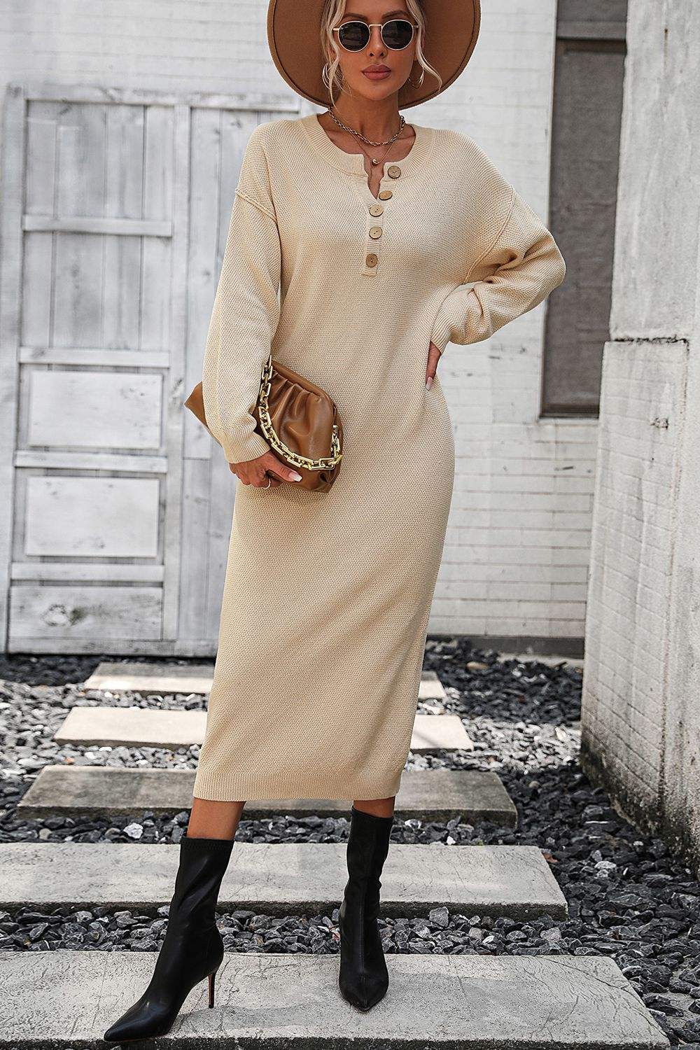 Notched Neck Dropped Shoulder Button-Down Midi Dress - Trendsi - Flyclothing LLC