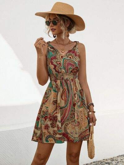 Smocked Printed V-Neck Mini Dress - Trendsi - Flyclothing LLC