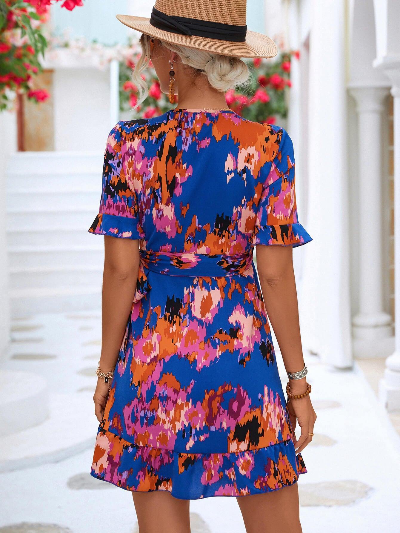 Printed Flounce Sleeve Tied Dress - Flyclothing LLC