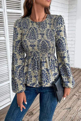 Smocked Printed Balloon Sleeve Blouse - Trendsi - Flyclothing LLC