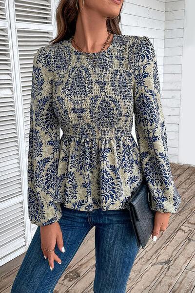 Smocked Printed Balloon Sleeve Blouse - Trendsi