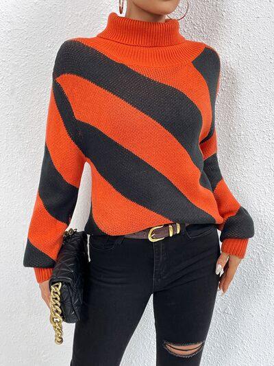 Striped Turtleneck Dropped Shoulder Sweater - Trendsi