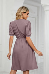 Contrast V-Neck Puff Sleeve Pocket Dress - Trendsi - Flyclothing LLC