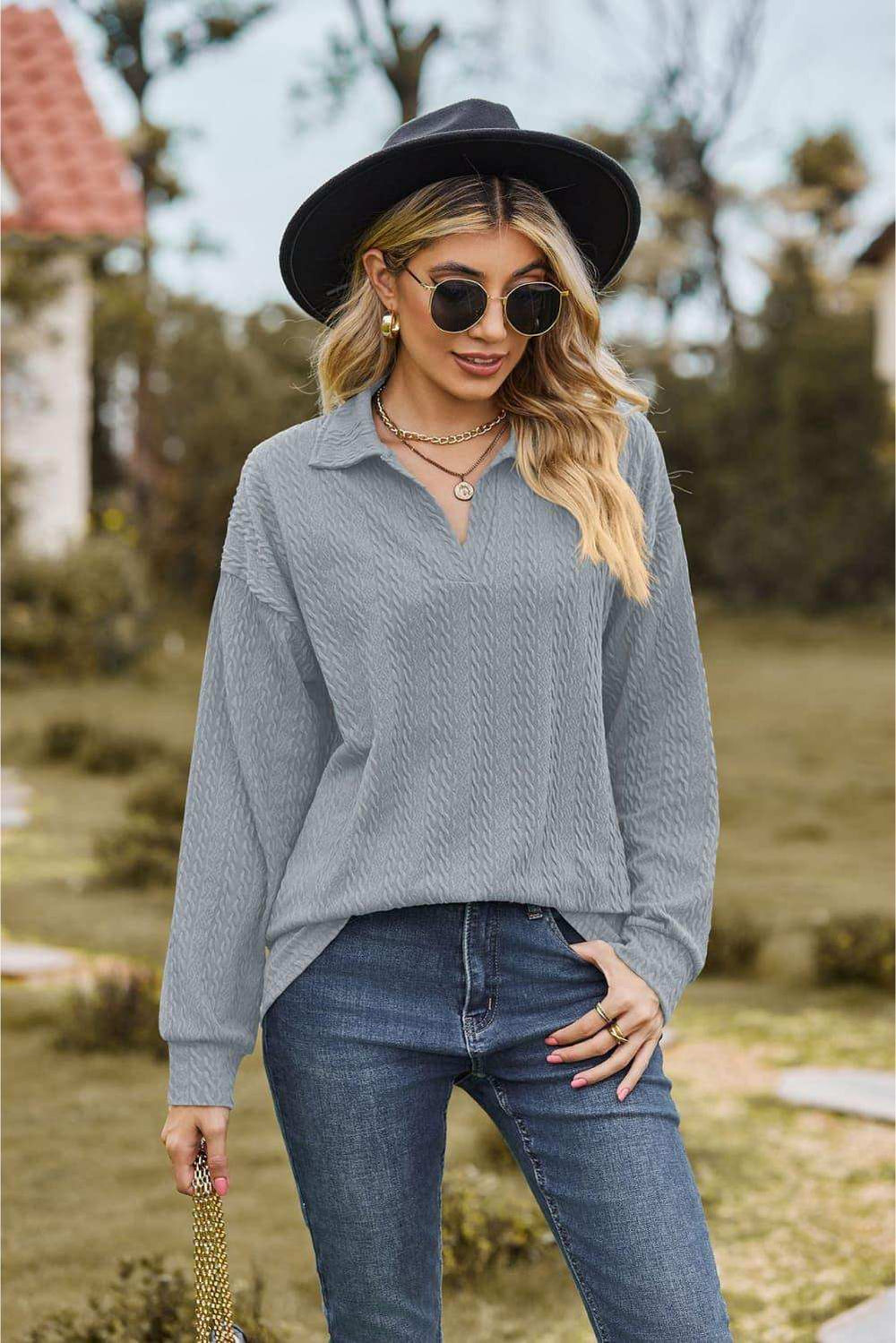 Collared Neck Cable-Knit Long Sleeve Blouse - Trendsi - Flyclothing LLC