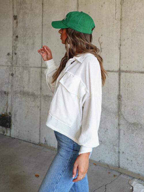 Ribbed Collared Neck Button Up Jacket - Trendsi - Flyclothing LLC