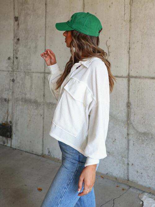 Ribbed Collared Neck Button Up Jacket - Trendsi - Flyclothing LLC
