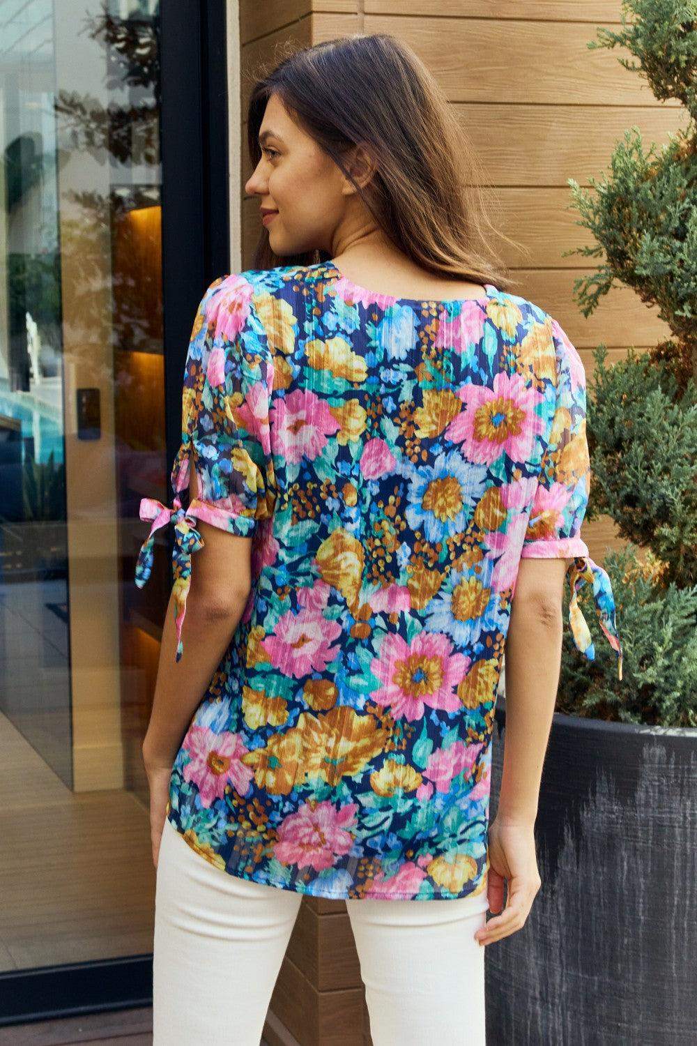 Petal Dew Full Size Floral V-Neck Tie Detail Blouse - Trendsi - Flyclothing LLC