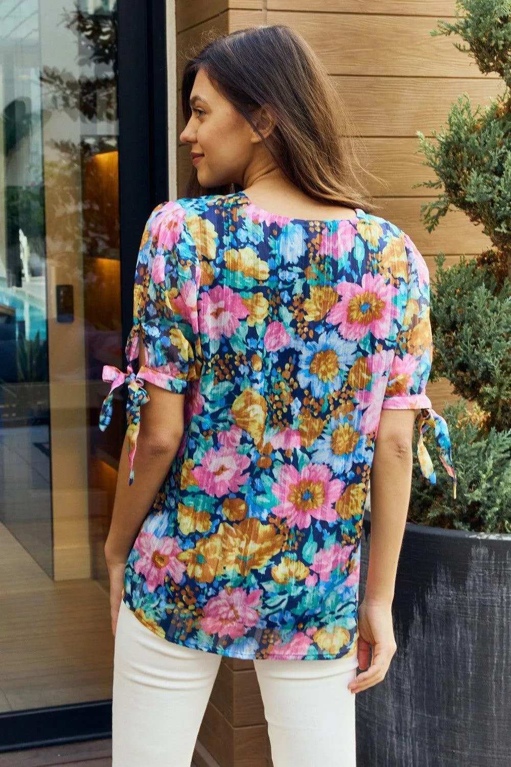 Petal Dew Full Size Floral V-Neck Tie Detail Blouse - Trendsi - Flyclothing LLC