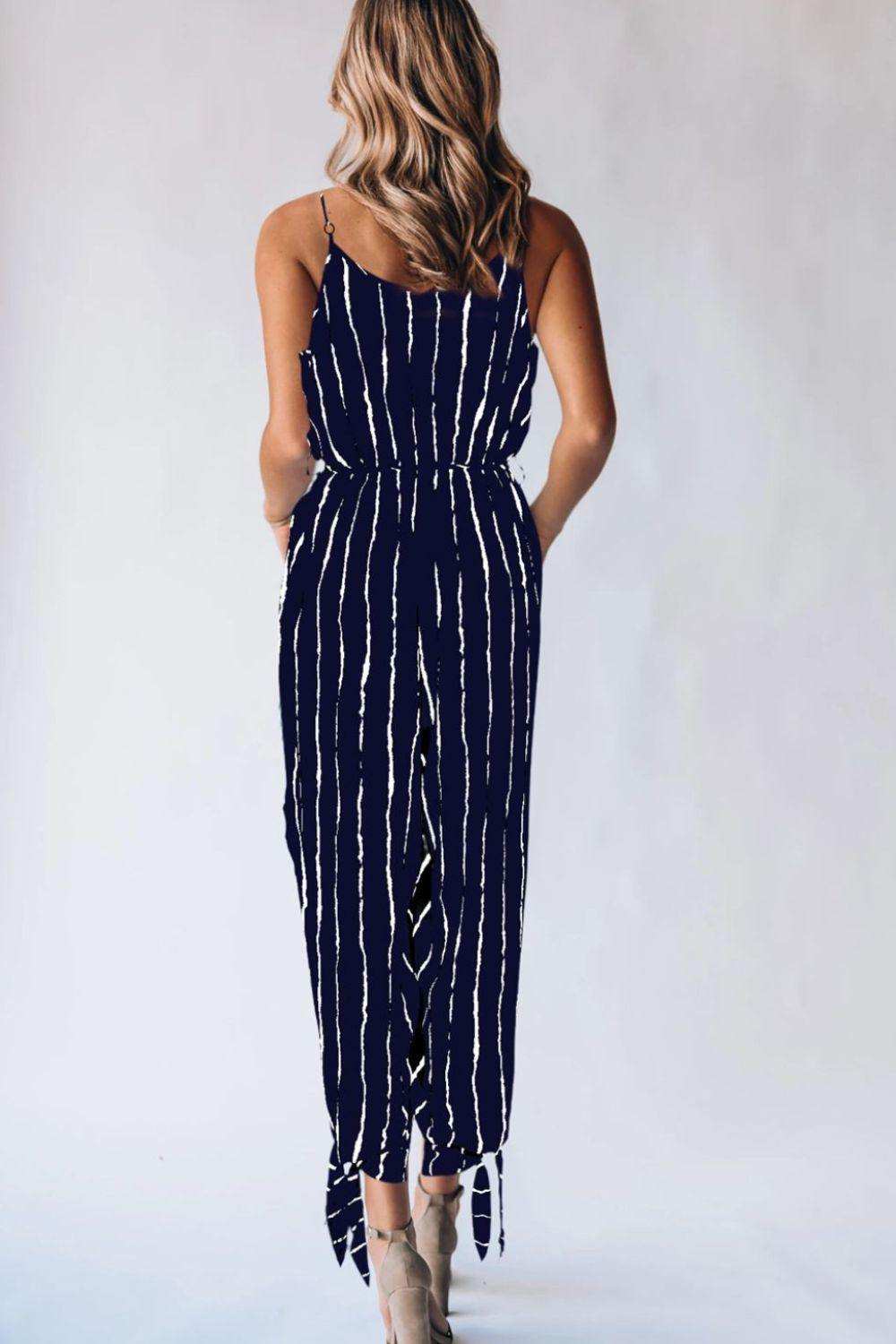 Striped Contrast Tie Ankle Spaghetti Strap Jumpsuit - Trendsi - Flyclothing LLC