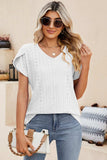 Eyelet V-Neck Petal Sleeve T-Shirt - Trendsi - Flyclothing LLC