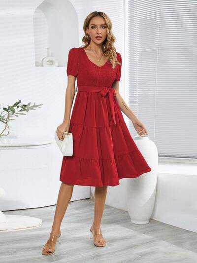 Smocked Tie Front Short Sleeve Tiered Dress - Trendsi - Flyclothing LLC
