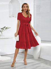 Smocked Tie Front Short Sleeve Tiered Dress - Flyclothing LLC