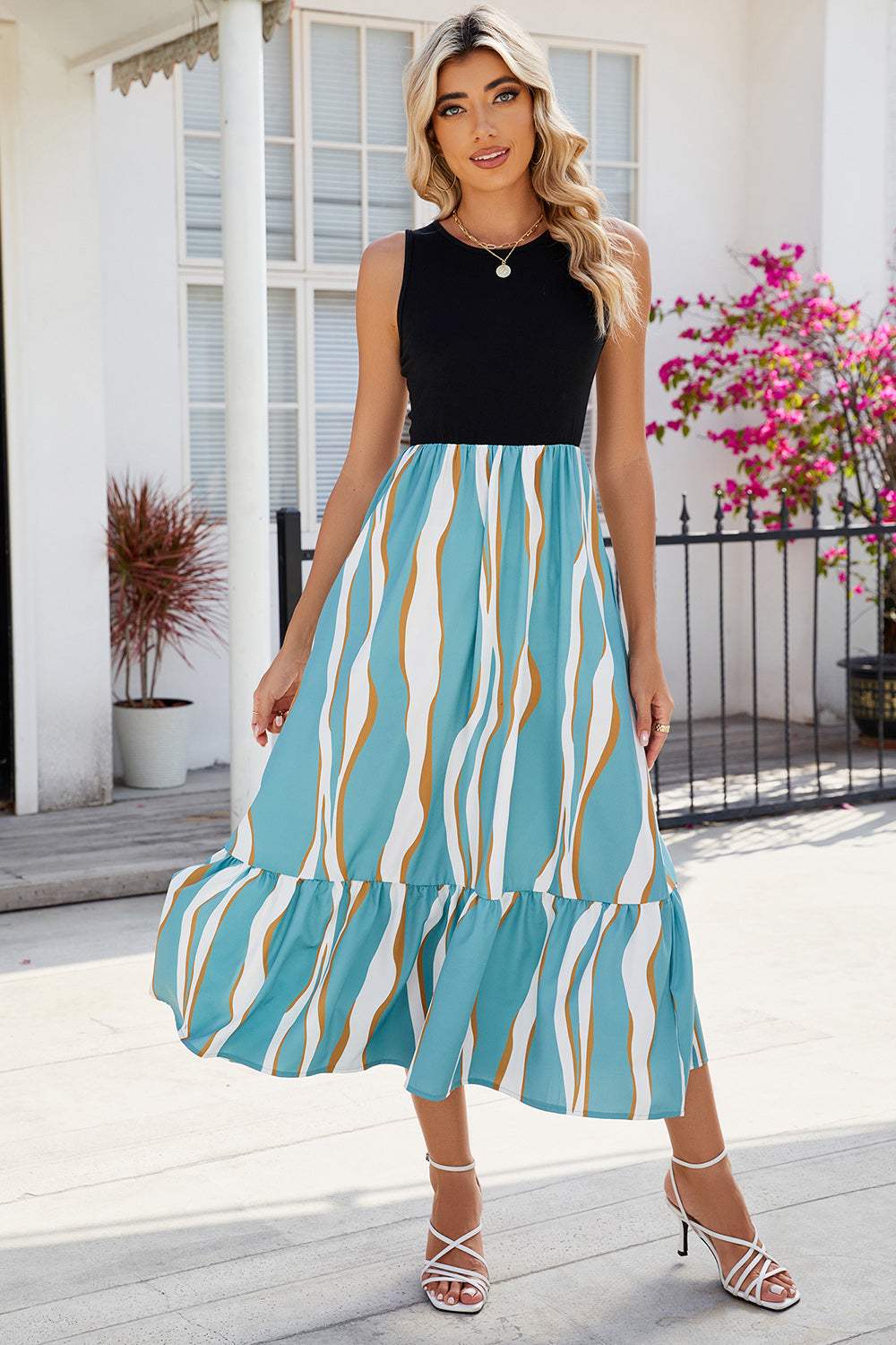 Striped Round Neck Sleeveless Midi Dress - Trendsi - Flyclothing LLC