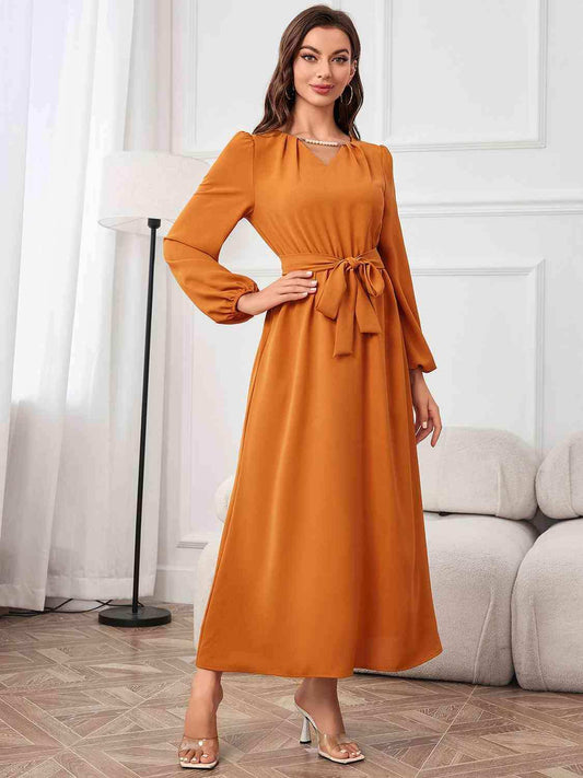 Tie Waist Puff Sleeve Maxi Dress - Trendsi - Flyclothing LLC