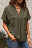 Pocketed Notched Short Sleeve Blouse - Trendsi - Flyclothing LLC