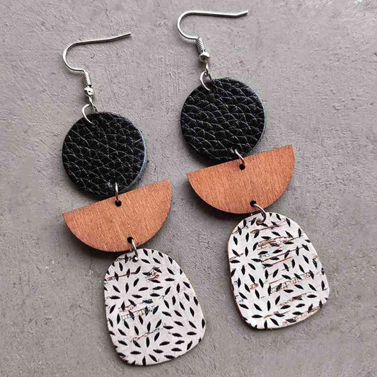 Leather & Wood Drop Earrings - Trendsi
