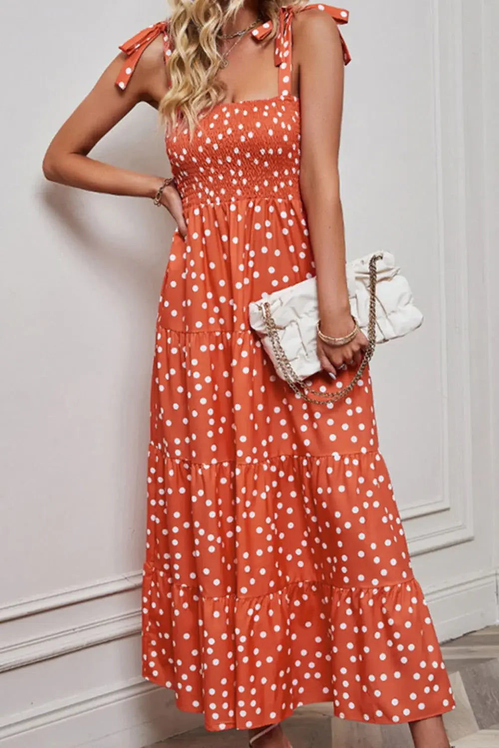 Polka Dot Smocked Tiered Sleeveless Dress - Trendsi - Flyclothing LLC